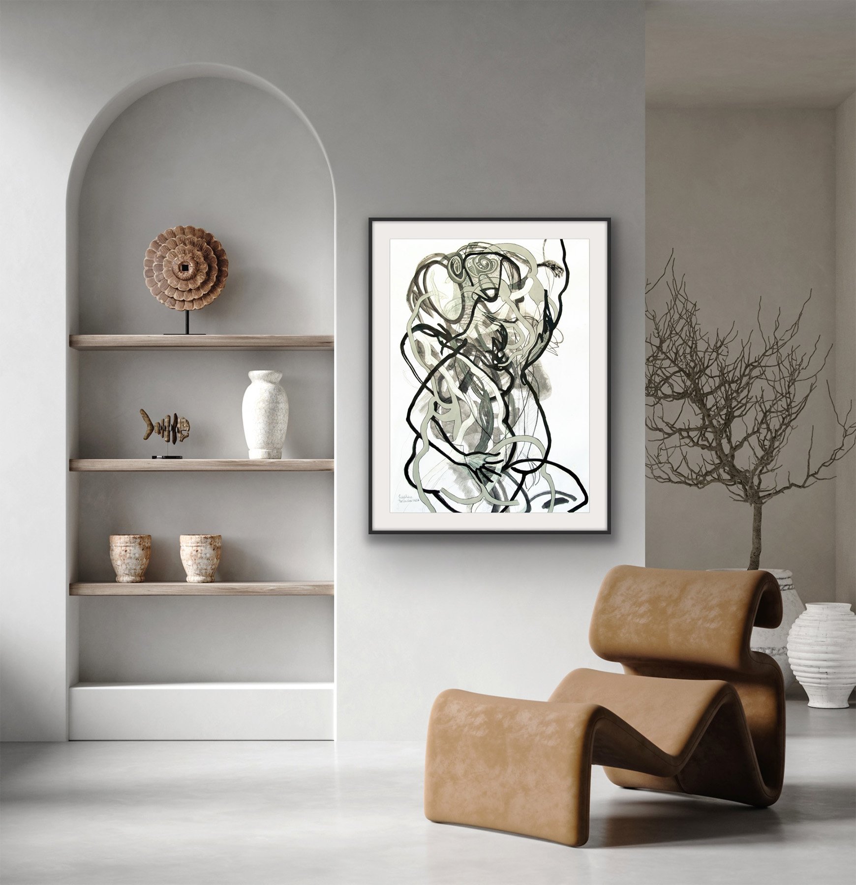 Josephine-Window-Microcosm-2-original-ink-acrylic-painting-abstract-layered-figures-rainforest-african-music-island-tattoo-paper-linear-expressive-gestural-artwork-in-situ-3