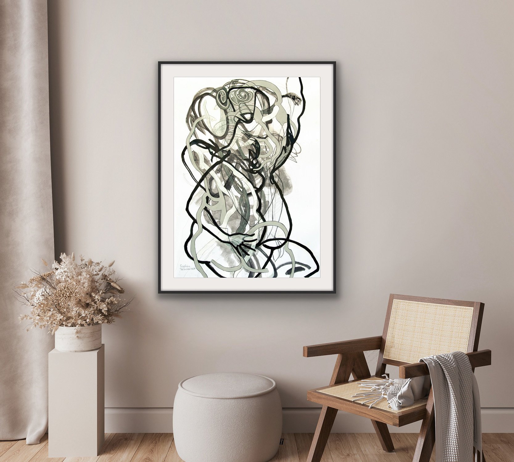 Josephine-Window-Microcosm-2-original-ink-acrylic-painting-abstract-layered-figures-rainforest-african-music-island-tattoo-paper-linear-expressive-gestural-artwork-in-situ-2