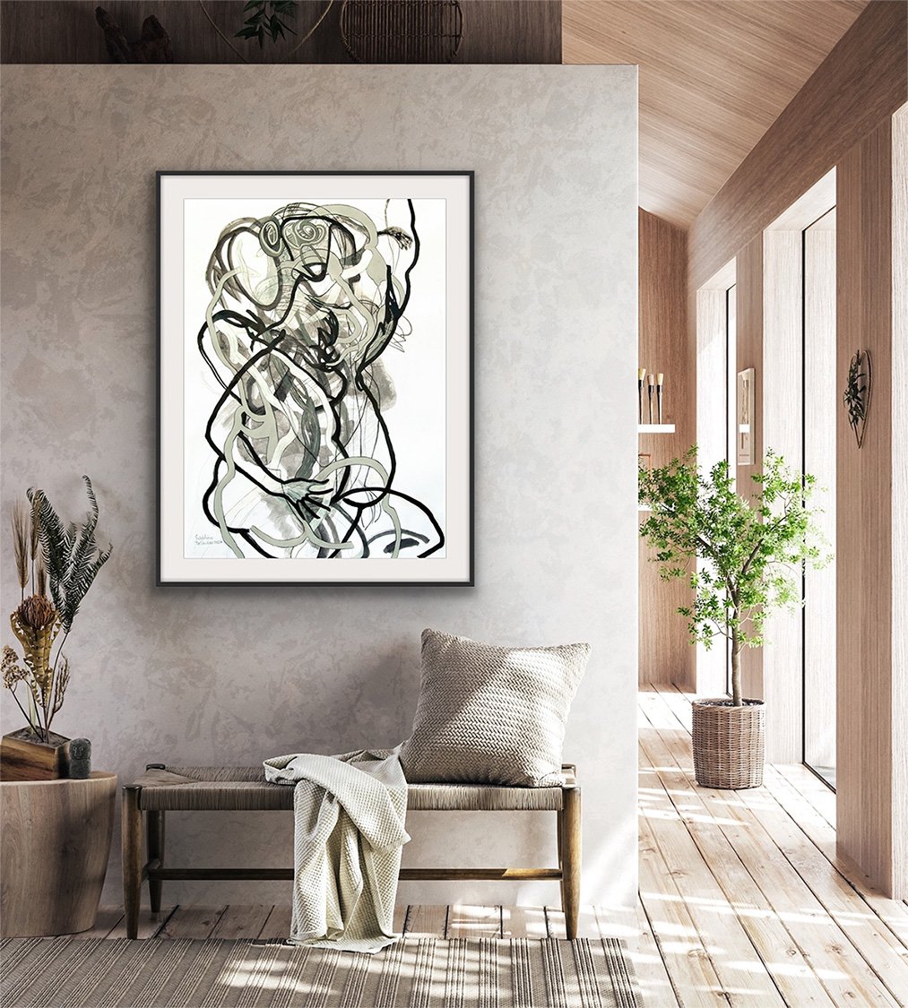 Josephine-Window-Microcosm-2-original-ink-acrylic-painting-abstract-layered-figures-rainforest-african-music-island-tattoo-paper-linear-expressive-gestural-artwork-in-situ-1