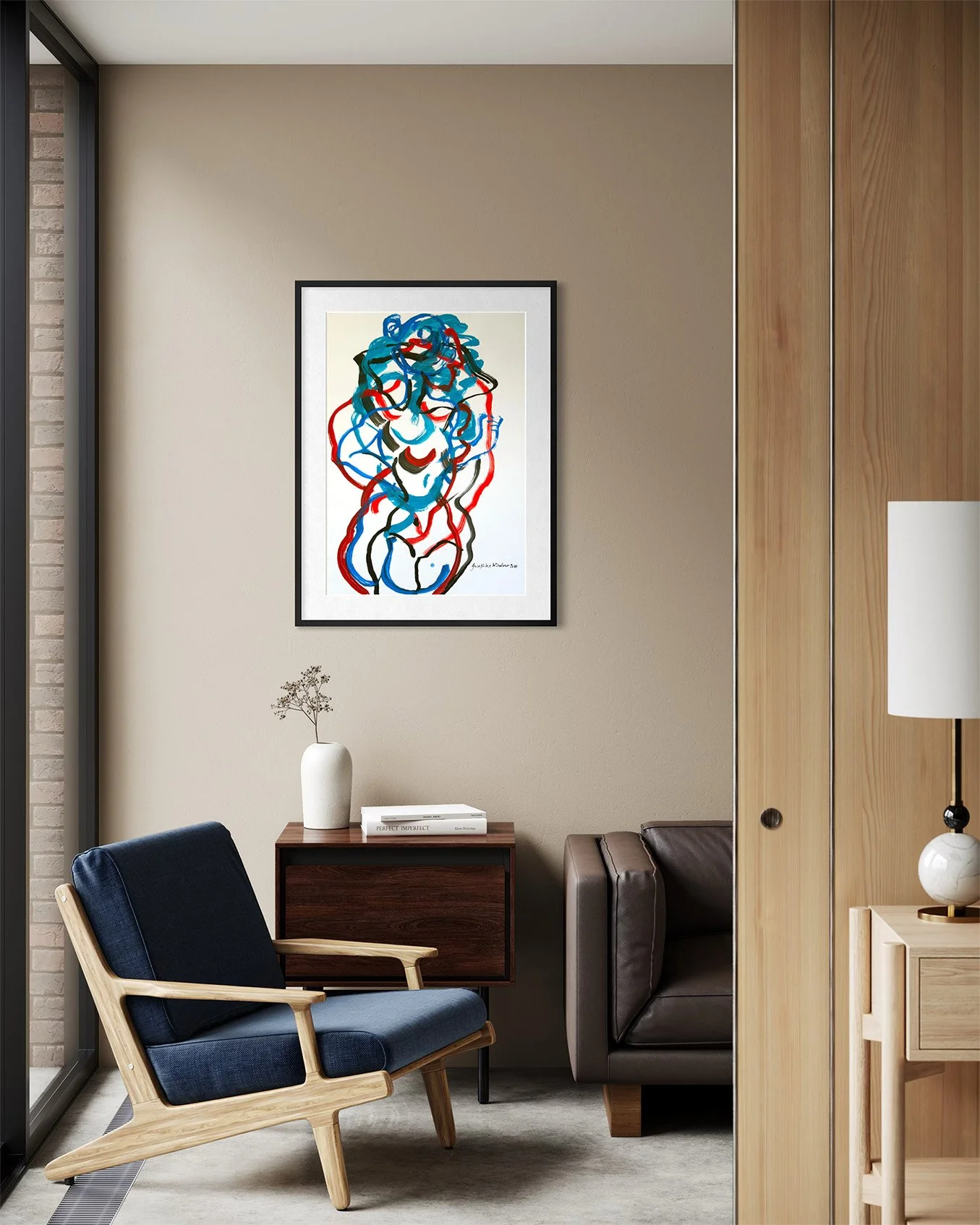 Josephine-Window-Curvaceousness-3-painting-original-art-acrylic-ink-paper-abstract-linear-expressive-gestural-red-blue-black-in-situ-2