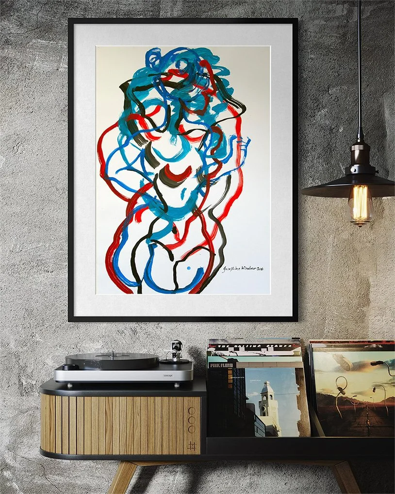 Josephine-Window-Curvaceousness-3-painting-original-art-acrylic-ink-paper-abstract-linear-expressive-gestural-red-blue-black-in-situ-3