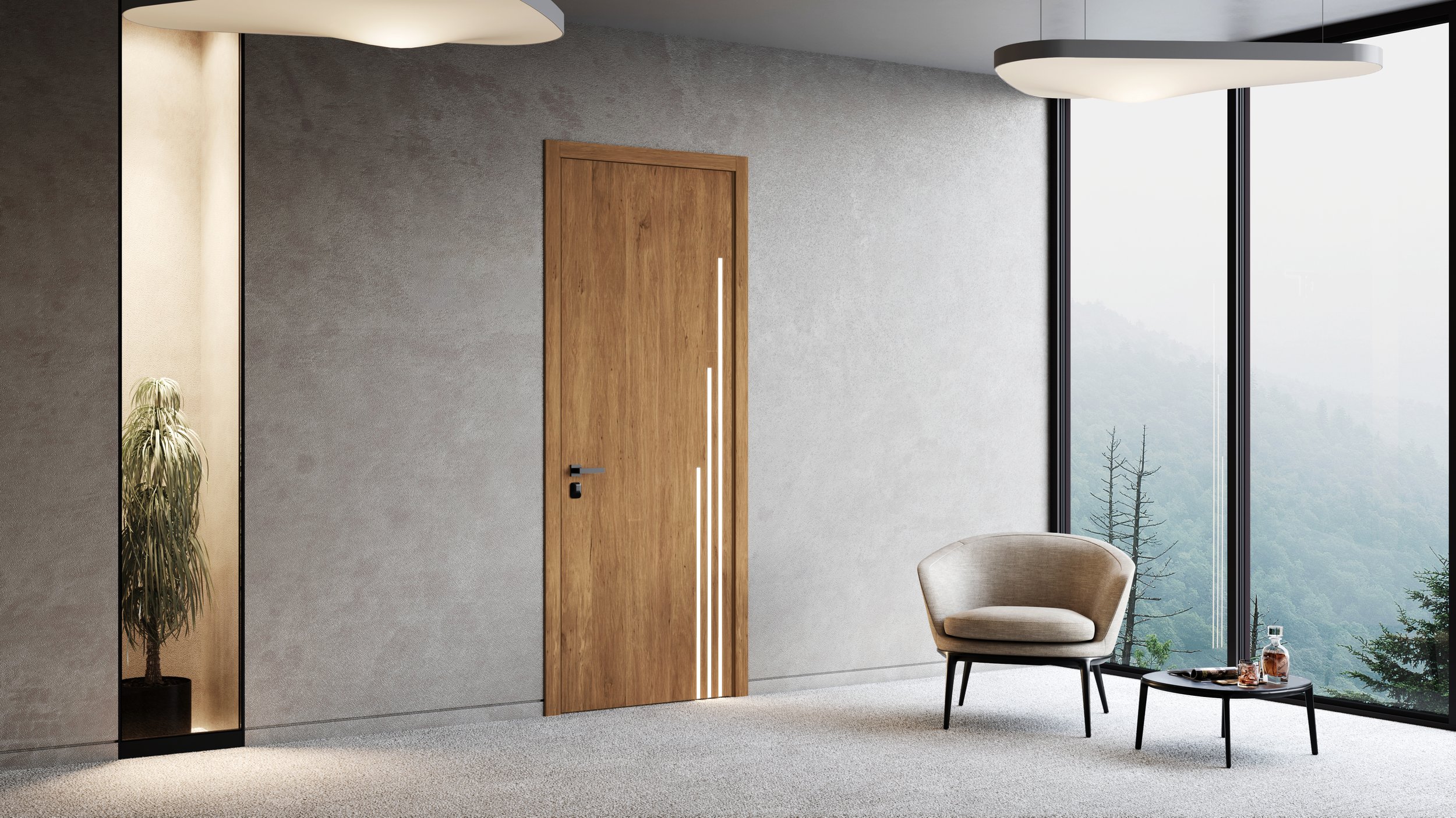Floema wood interior door in a contemporary hotel room
