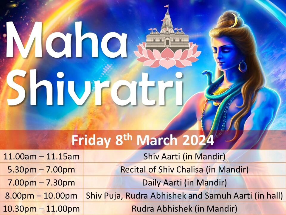 Jai Shree Krishna Everyone 🙏🏽 

Maha Shivratri will be celebrated on Friday 8th March 2024. Everyone is cordially invited to attend with family and friends. 

If you would like to take part in the Puja, please send us a message.

Om Namah Shivay 🙏