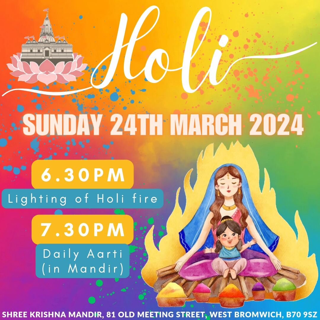 Jai Shree Krishna Everyone 

We will be celebrating Holi on Sunday 24th March 2024 🥳 

Hope to see you all there! 

#ShreeKrishnaMandir #JaiShreeKrishna #TheUKsFirstPanchayatanMandir #Hindu #SanatanDharma #Mandir #Temple #BritishHindu #Religion #Pan
