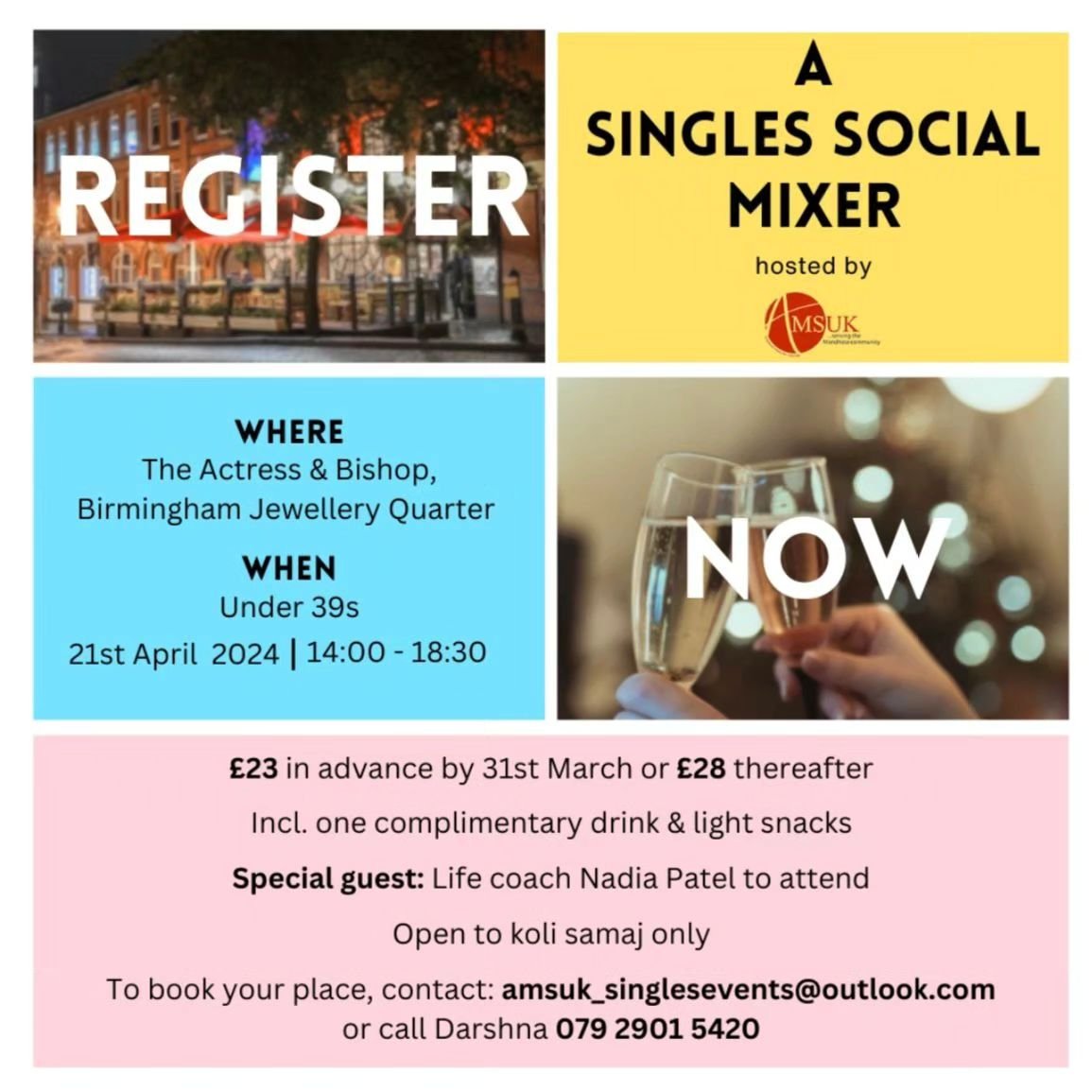 AMSUK - SINGLES EVENT 

With just over a week to go to our Singles event, there&rsquo;s still time to register to come along. 

Join us for an opportunity to meet other singles in person, in a relaxed and sophisticated setting where you'll be surroun