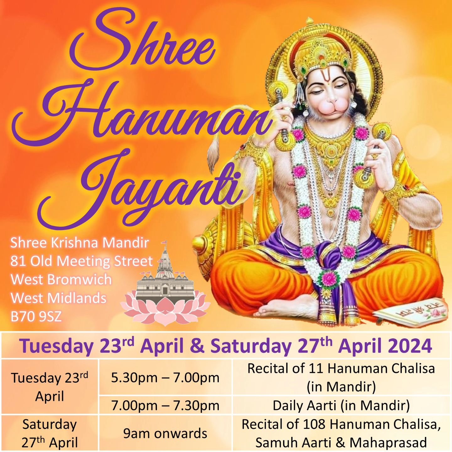 Jai Shree Krishna Everyone 

We will be celebrating Hanuman Jayanti on Tuesday 23rd April 2024 with 11 Hanuman Chalisas and on Saturday 27th April 2024 with 108 Hanuman Chalisas 🥳 

Hope to see you all there! 

Jai Shree Ram, Jai Hanuman 

#ShreeKri