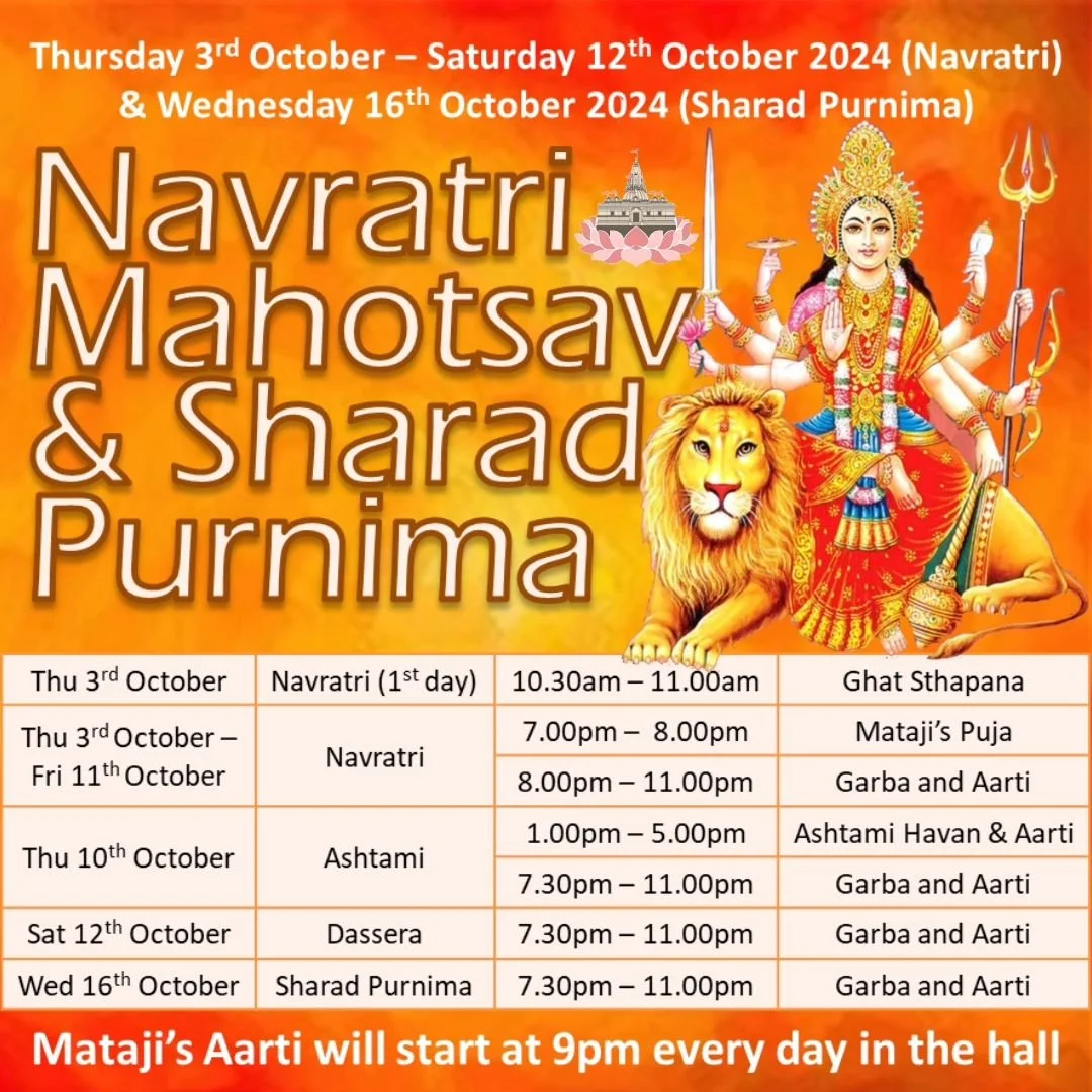 Jai Ambe! 

Shree Krishna Mandir invites you all to come and celebrate Navratri 💃🏽 

Navratri starts on Thursday 3rd October.

If you would like to take part in any of the Pujas or the Ashtami Havan, please send us a message. 

Looking forward to s