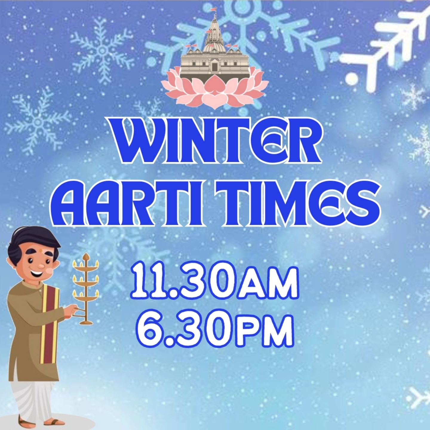 Jai Shree Krishna 

Due to the Mandir closing at 7.30pm during the Winter months, evening aarti will take place at 6.30pm daily. 

We apologise for any inconvenience. 

Jai Hanuman 🙏🏽