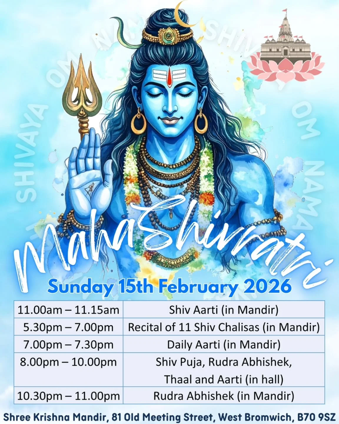 Jai Shree Krishna Everyone 🙏🏽 

MahaShivratri will be celebrated on Sunday 15th February 2026. Everyone is cordially invited to attend with family and friends. 

If you would like to take part in the Puja, please send us a message.

Om Namah Shivay