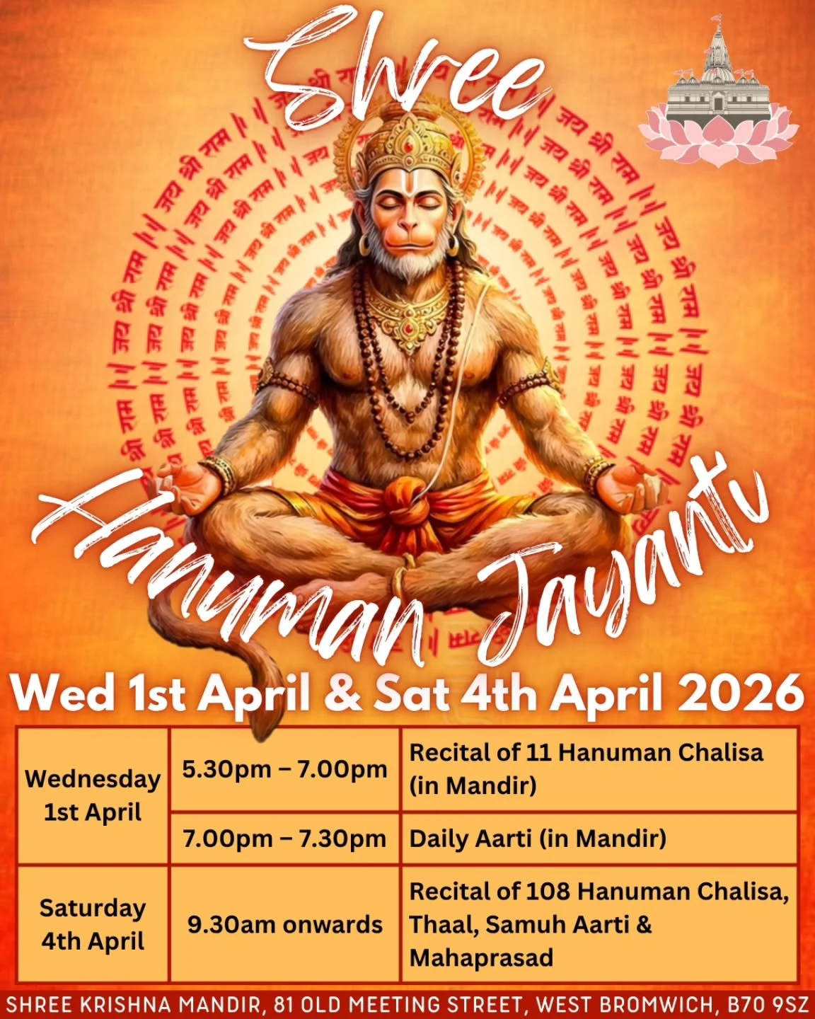 Jai Shree Krishna Everyone 🙏🏽 

We will be celebrating Hanuman Jayanti on Wednesday 1st April 2026 with 11 Hanuman Chalisas and on Saturday 4th April 2026 with 108 Hanuman Chalisas 🥳 

Hope to see you all there! 

Jai Shree Ram, Jai Hanuman 🐒 

#