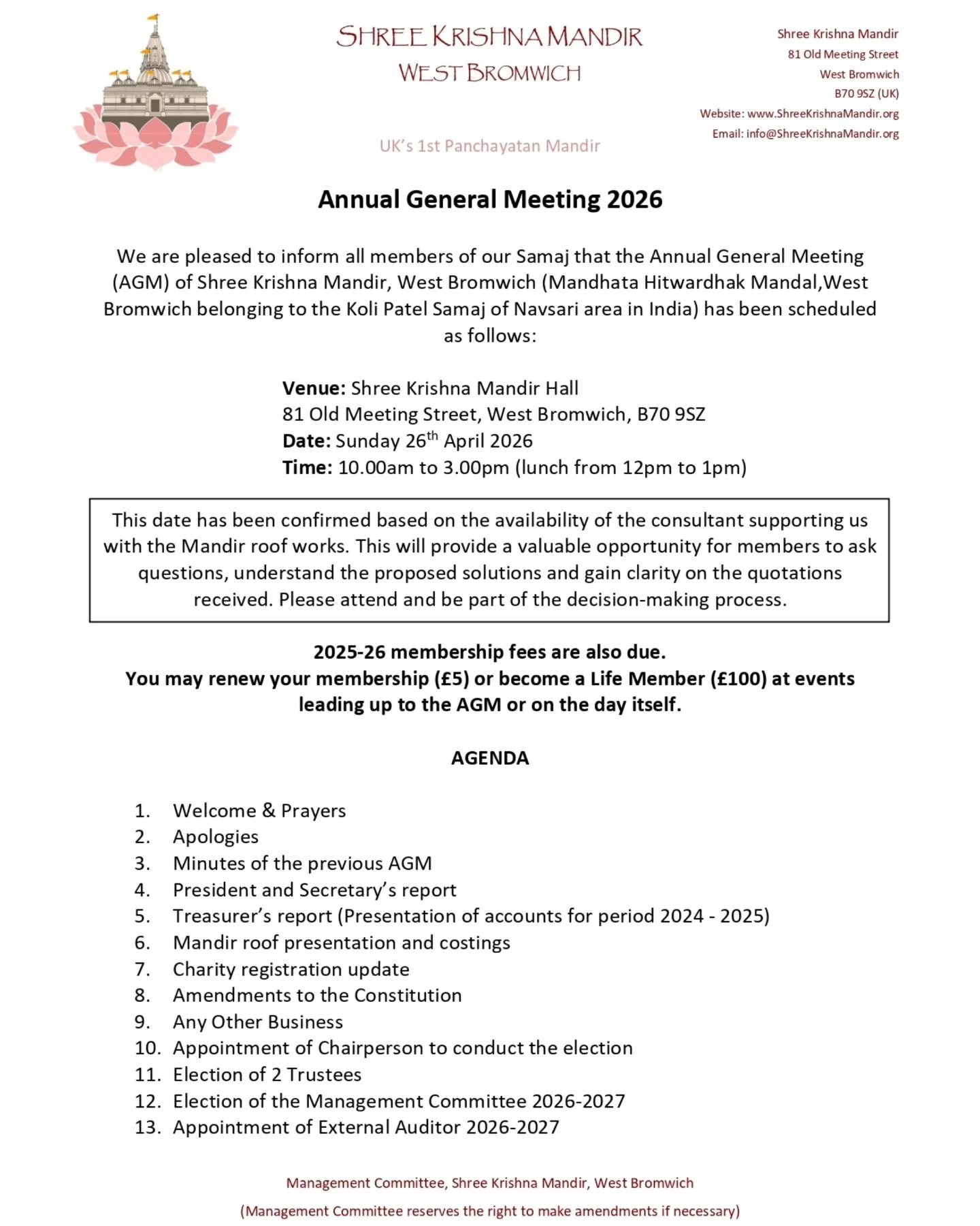 Jai Shree Krishna

Please find attached the 2026 AGM patrika for all members of the Koli Patel Samaj, originating from Navsari, India.

The AGM will take place on Sunday 26th April from 10am-3pm (including lunch). Please see the patrika for more deta