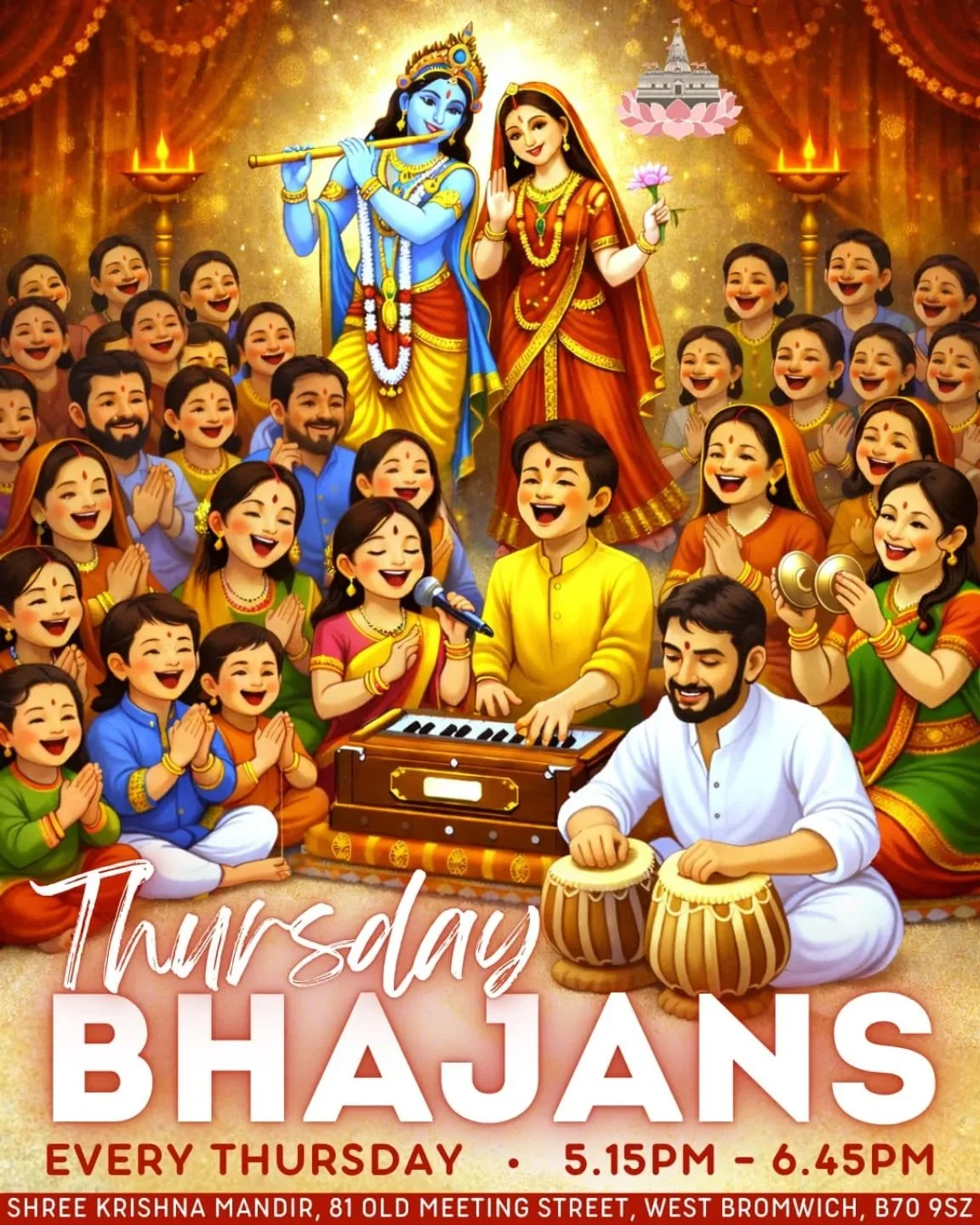 Jai Shree Krishna Everyone 🙏🏽

Shree Krishna Mandir is delighted to invite you to our weekly Bhajans, held every Thursday from 5:15pm to 6:45pm, followed by Stuti and Aarti. 

Let's come together with devotion as we sing the glories of Bhagwan and 