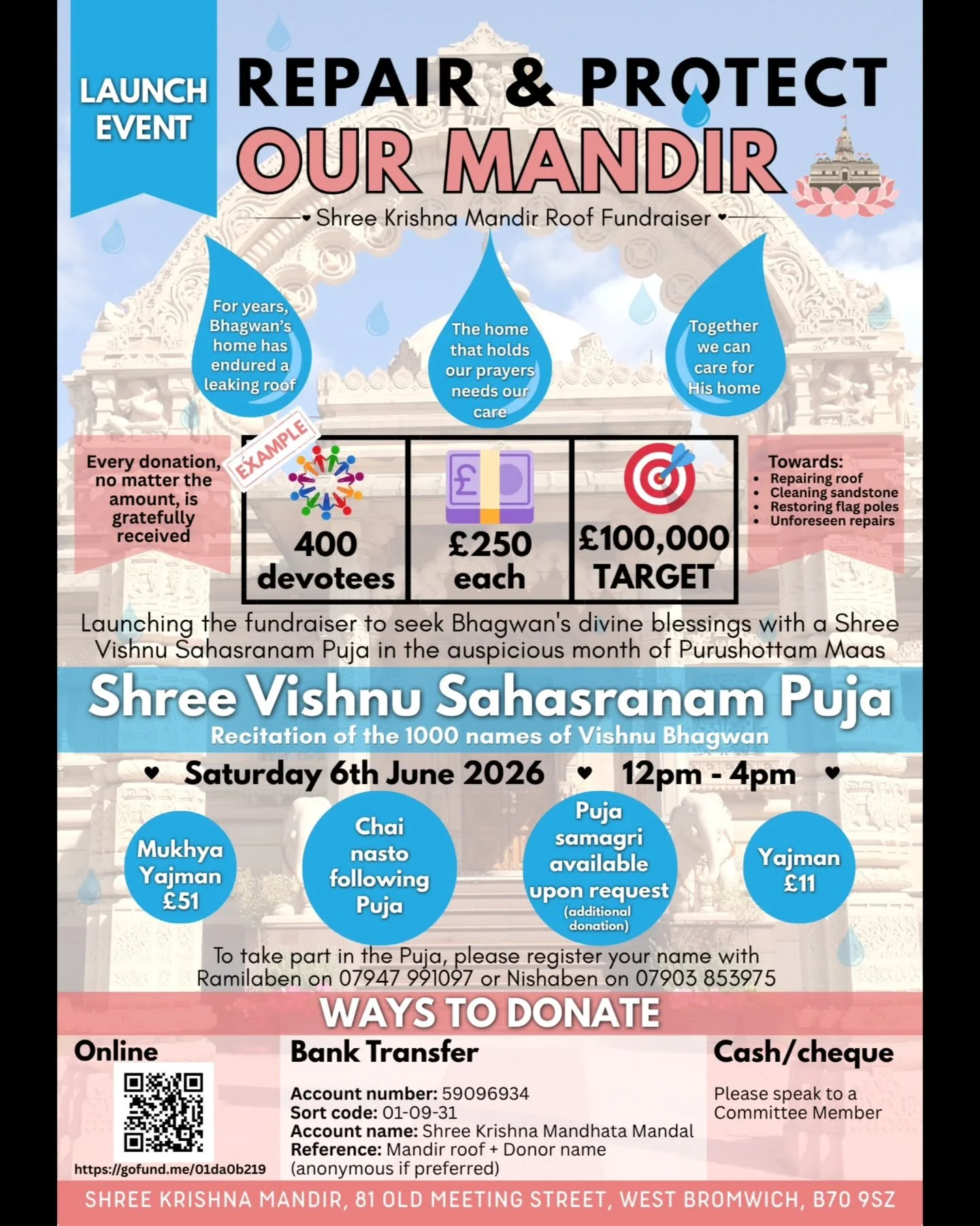 Jai Shree Krishna 🙏🏽 

Our beloved Shree Krishna Mandir is in urgent need of repair.

Water is entering the roof and affecting parts of the sacred space where Bhagwan resides.

This Mandir has always been a source of strength, faith, and hope for o