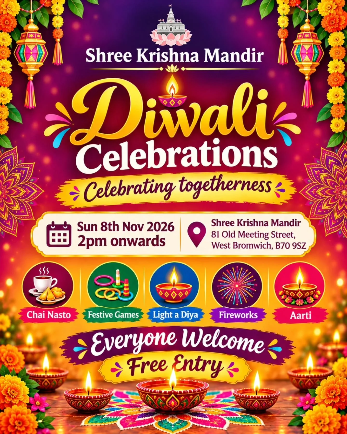 🪔 You're Invited to Celebrate Diwali Together ✨️ 

As we celebrate the Festival of Lights, Shree Krishna Mandir warmly invites you, your family, friends, and neighbours to join us for a joyful celebration of community, friendship, and togetherness.
