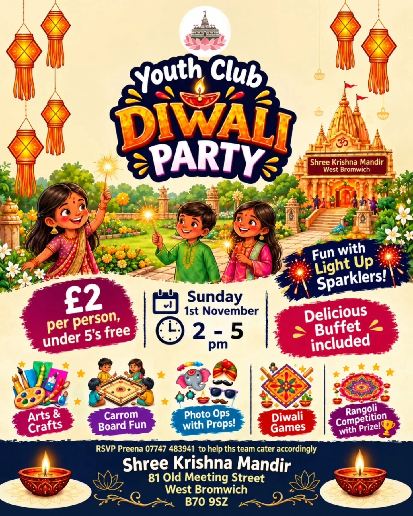 Jai Shree Krishna Everyone 🙏🏽 

Shree Krishna Mandir's Youth Club will be hosting a Diwali Party on Sunday 1st November from 2pm - 5pm.

Please see the attached posters for more information &amp; donation opportunities 😊

See you there! 🥳
