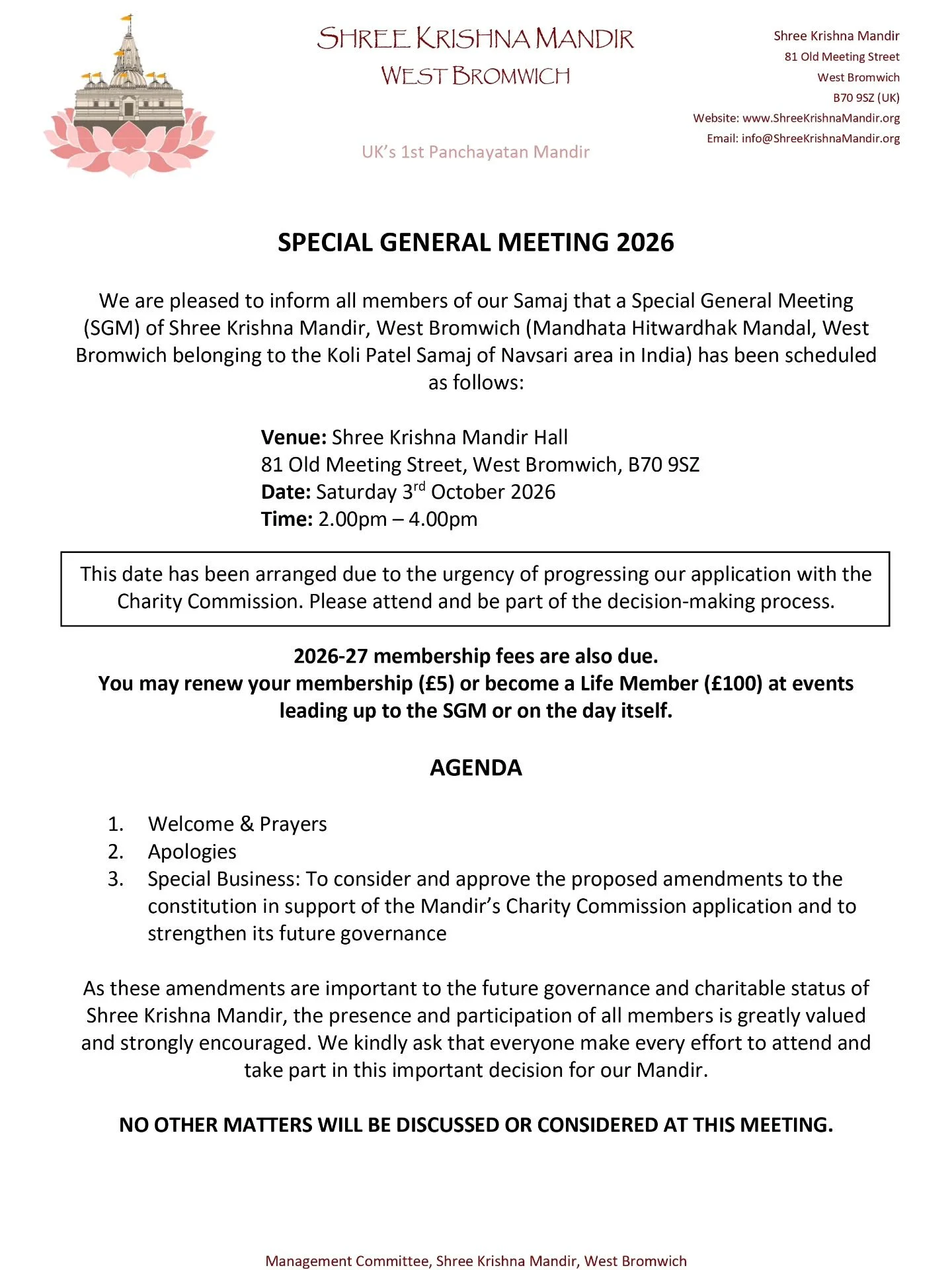 Jai Shree Krishna

Please find attached the&nbsp;Special General Meeting&nbsp;patrika&nbsp;for all members of the&nbsp;Koli Patel Samaj, originating from Navsari, India.

The&nbsp;SGM&nbsp;will take place on&nbsp;Saturday 3rd October from&nbsp;2pm-4p