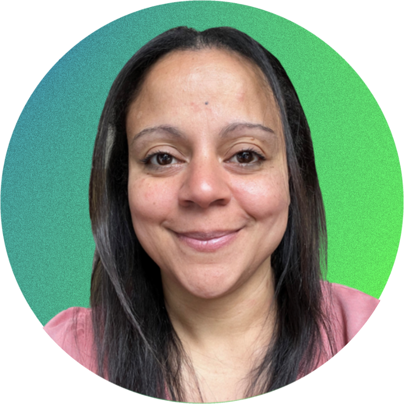 Portrait of a smiling woman with long dark hair in front of a green gradient background.