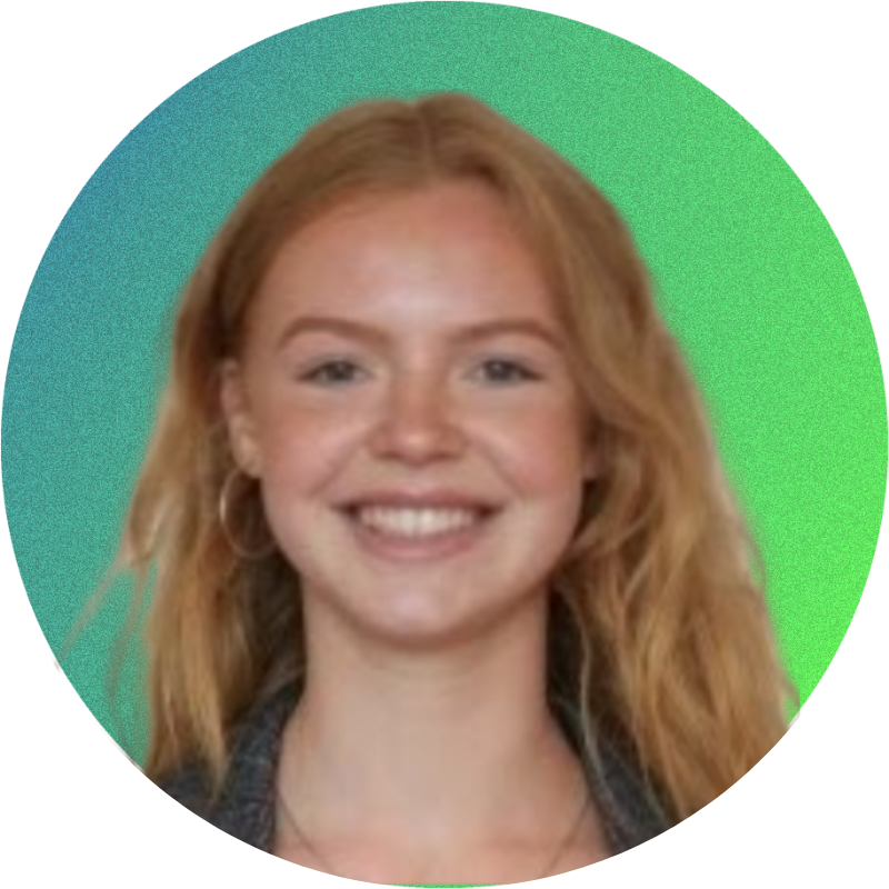 Smiling person with long hair, wearing hoop earrings, against a green gradient background.