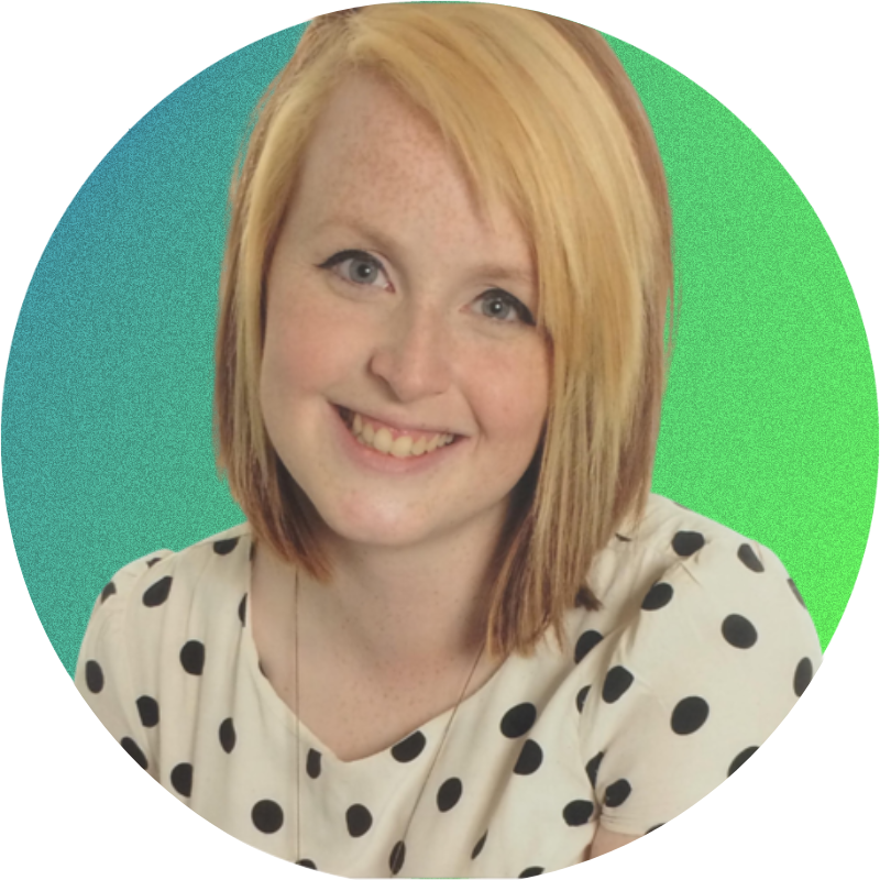 Person with short blonde hair and polka dot blouse smiling against a green and blue gradient background.