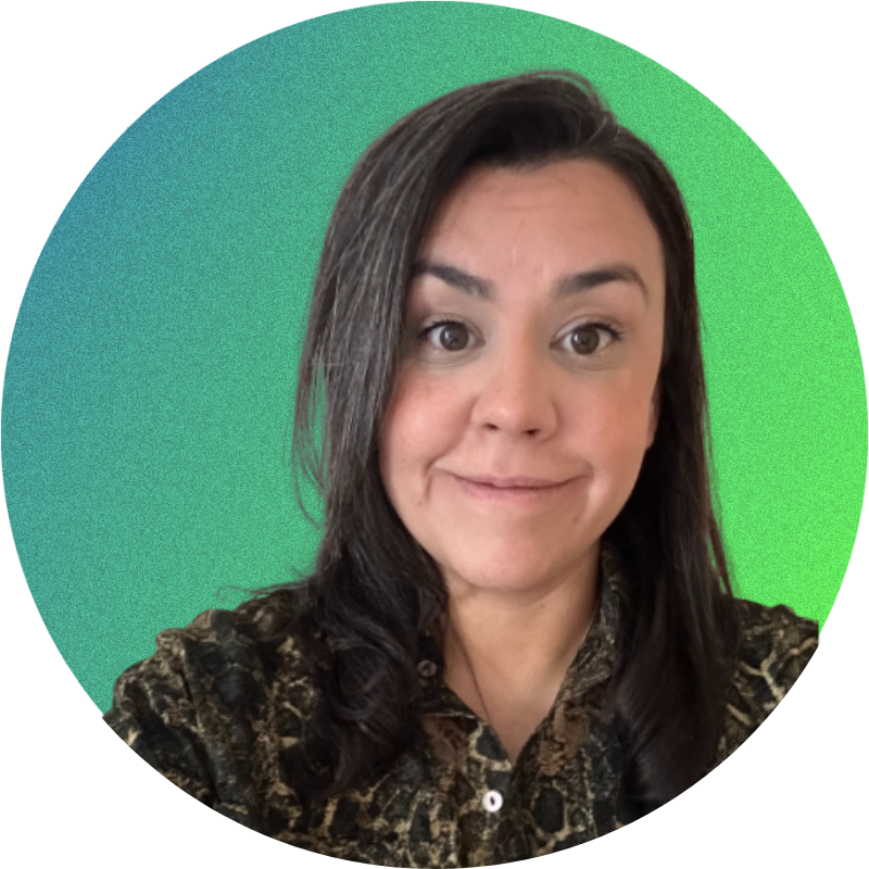 Portrait of a person with long dark hair wearing a patterned shirt against a green gradient background.