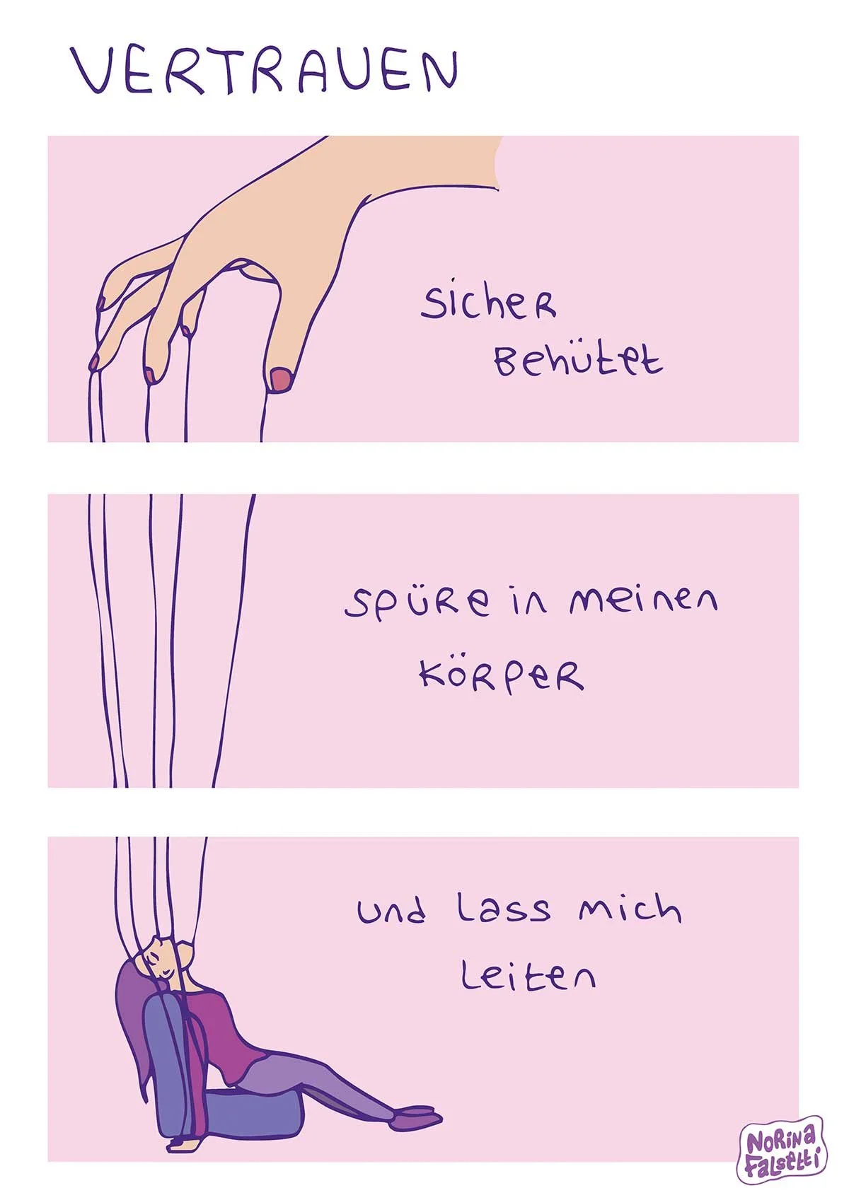 Achtsamer Comic in drei Panels über das Ankommen im eigenen Körper. Eine Person nimmt ihren Körper bewusst wahr, lässt Anspannung los und findet Ruhe und Verbindung zu sich selbst.