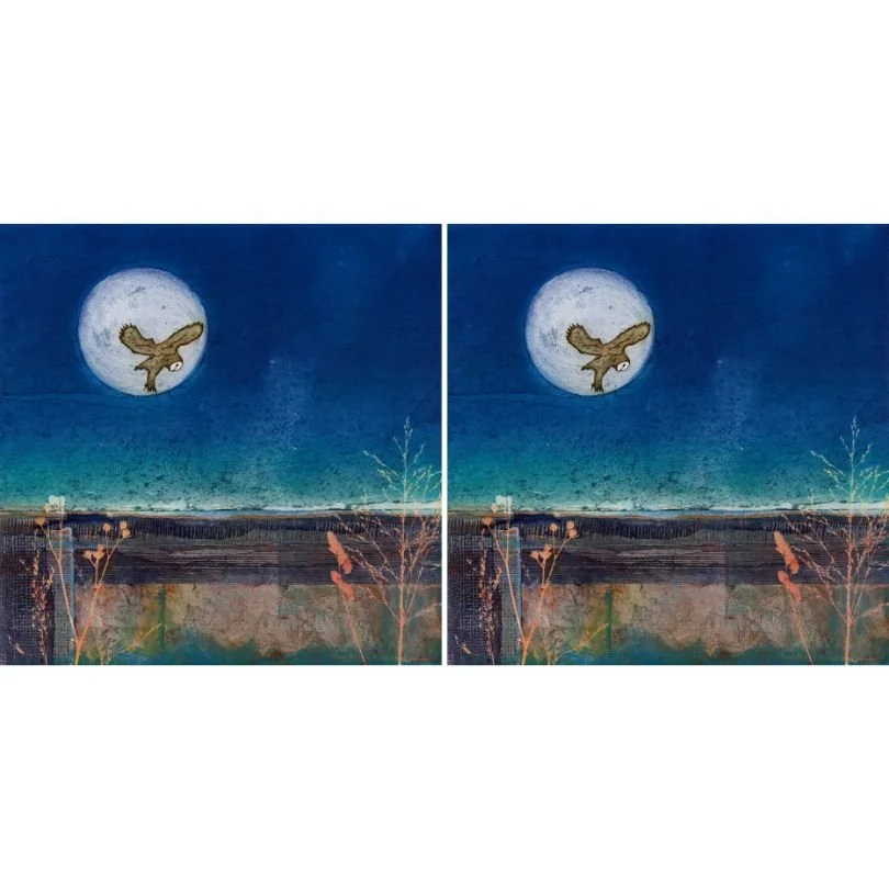 Owl against full moon on the hunt coasters
