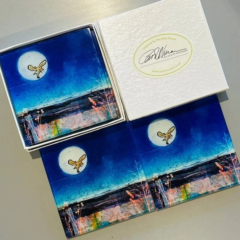 Owl against full moon on the hunt coasters in a white gift box