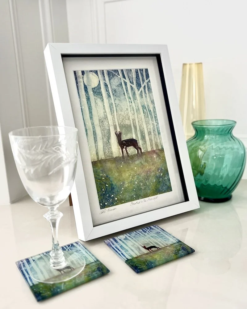 affordable-art-print-carol-nunan-startled-in-the-moonlight-a4 framed-with-coasters.JPG