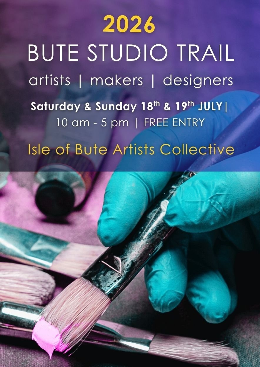 Bute Studio Trail 2026 Poster with dates, time and a background photo of an artist's had and paintbrush