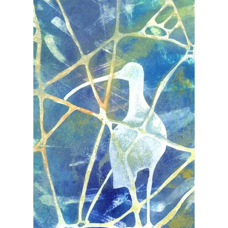 monotype-print-carol-nunan-caught. is it a curlew trapped in fishing net or just rock strata patterns