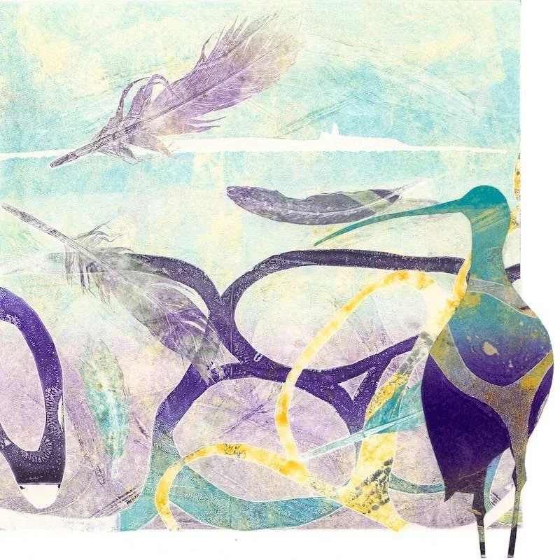 A contemporary take on a ghost monotype print focused on curlew silhouettes and the textures and pebble patterns of the coast in sea blue, purple and yellow