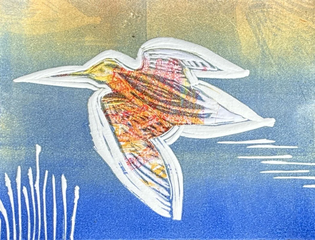 student linocut with gelli-plate collage and blended roll up print