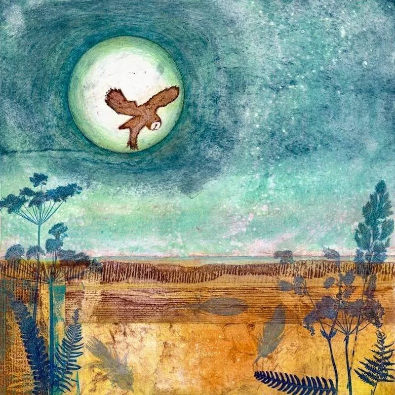 collagraph-print-carol-nunan-owl-on-the-hunt-XII in rich blues, ochre, raw and burnt sienna to depict a starry night near bamburgh