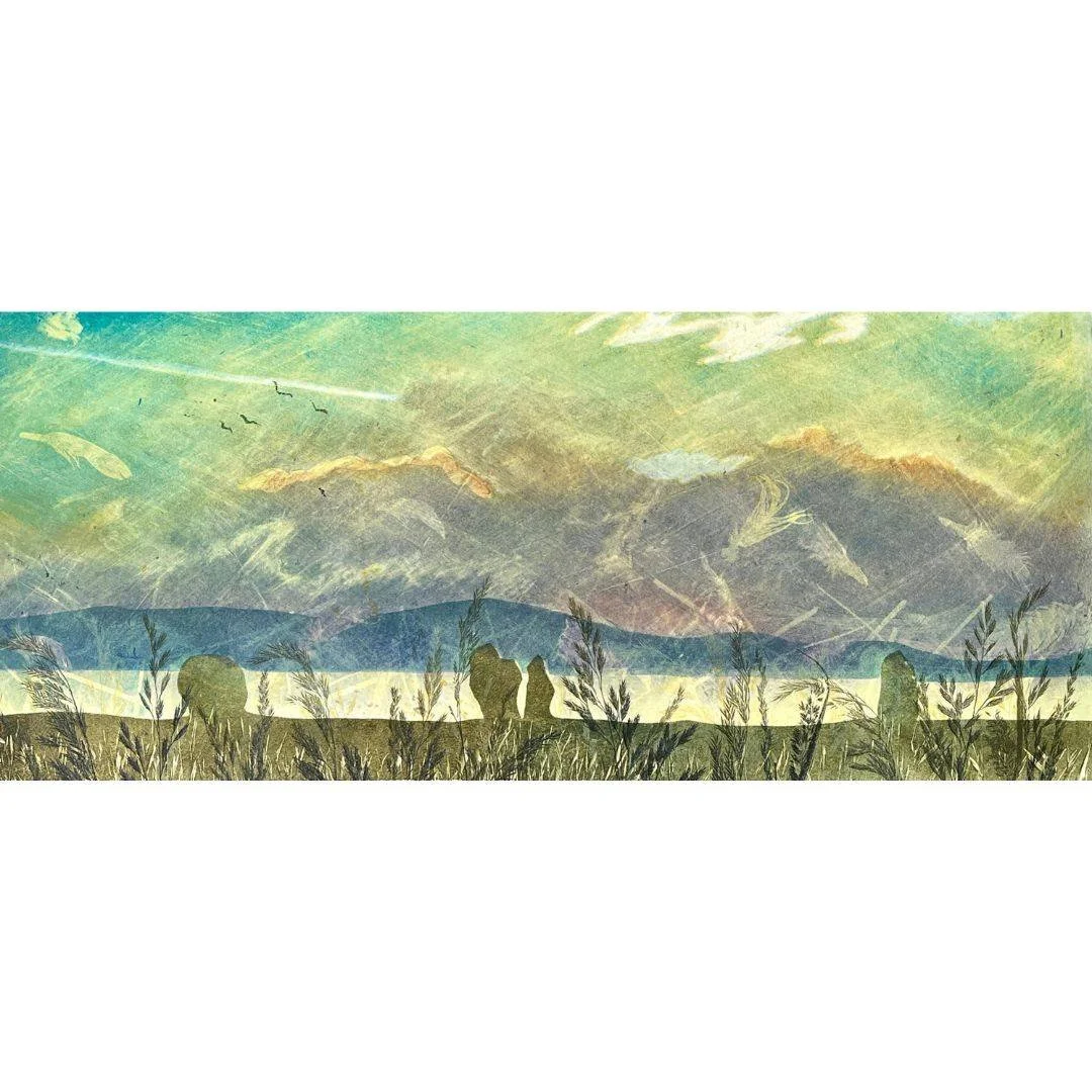 Standing Stones At Dawn - a monotype print of standing stones at kingarth on the isle of bute