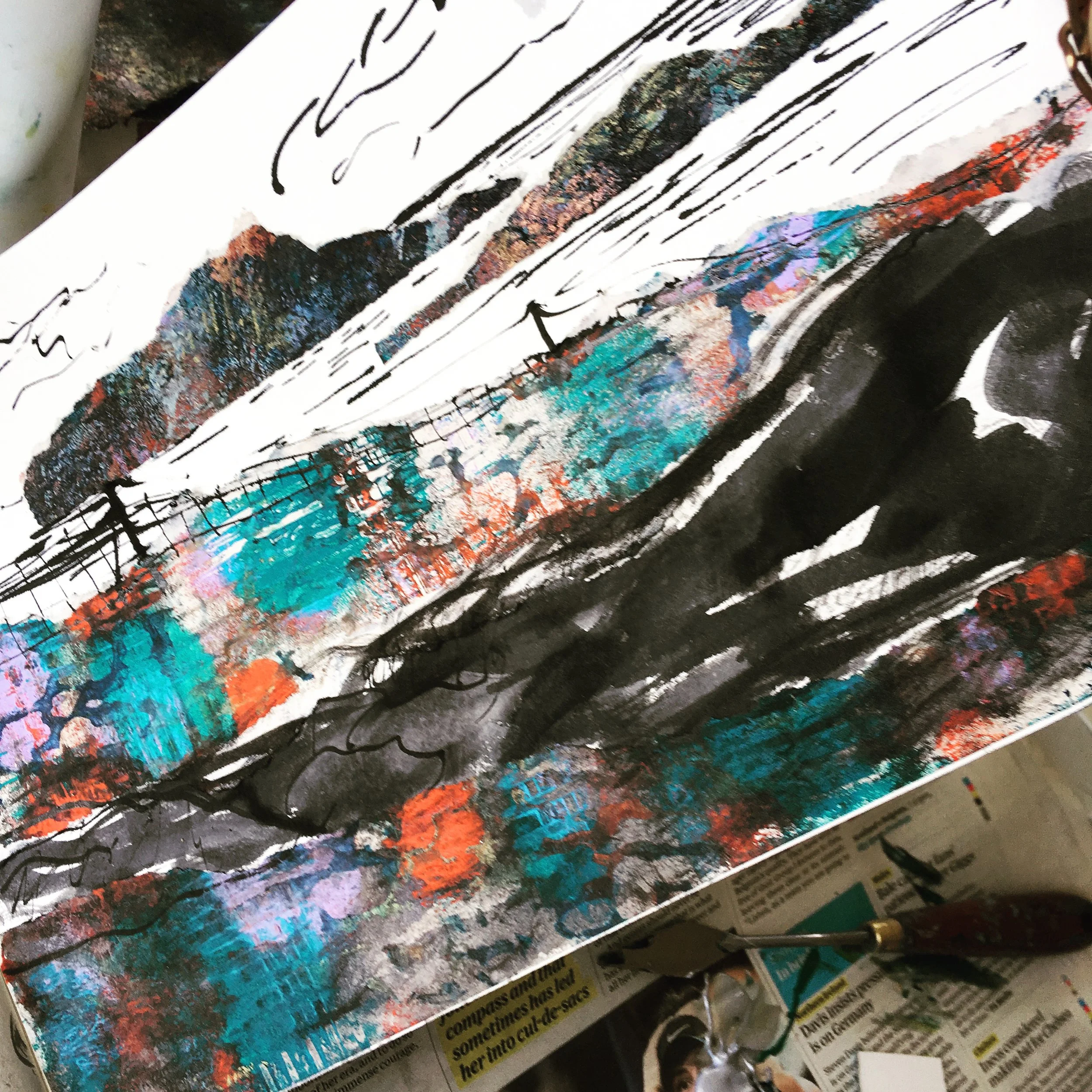 Gel plate print collage with calligraphy pen and ink