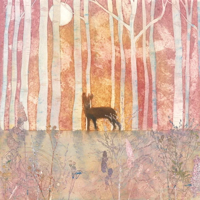 A deer in a birch wood in the moonlight in shades of pink and lilac
