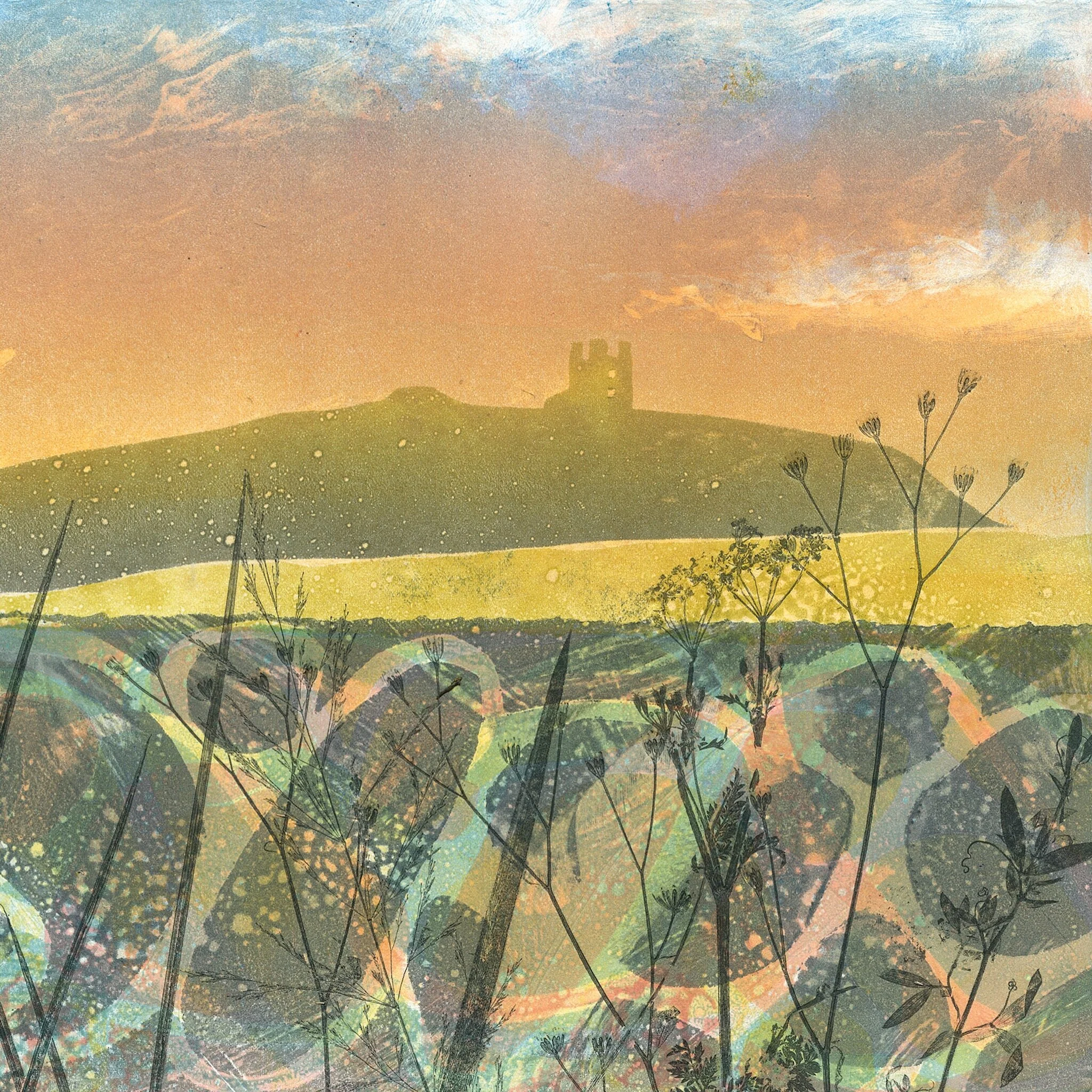 Detail Monotype seascape art print of Dunstanburgh Tower from Newton-by-the-sea on a clear summer dawn on the Northumberland coast. Pebble patterns, printed coastal grasses, soft dawn light