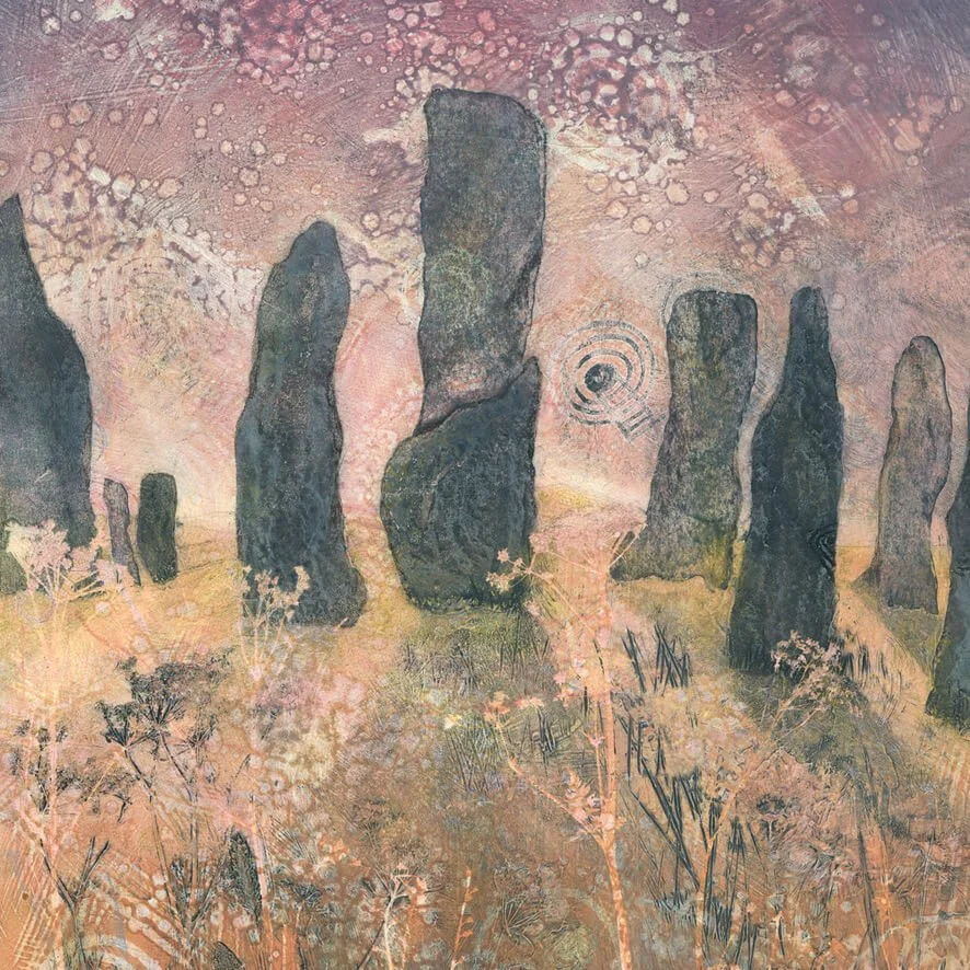 a collagrph.monotype landscape print featuring the Callanish stones on the isle of lewis