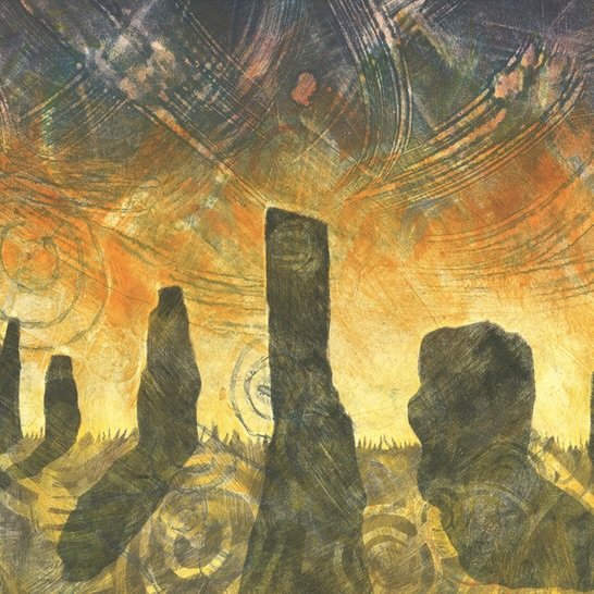 A bold and vibrant contemporary landscape in warm yeloows and oranges with dark grey standing stones in silhouette and cup and ring rock art patterns (Copy)