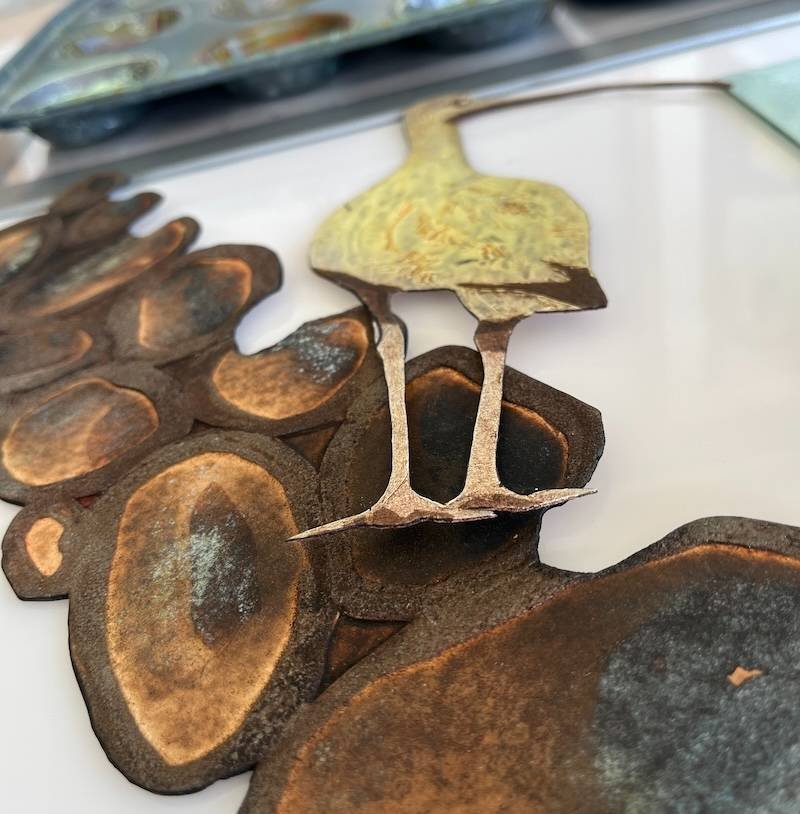 Close Up Detail of collagraph plates - curlew and stone wall