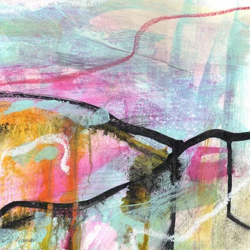 fine-art-print-carol-nunan-landline-I - an abstract, mixed media monotype in splashes of pinks, blues yellows and greens using hints of black Indian ink to make reference to landscape