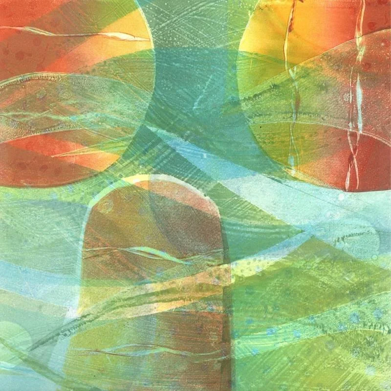 fine-art-print-carol-nunan-under-the-water - abstract monotype with pebble shapes and waves in blue greens, yellows and orange