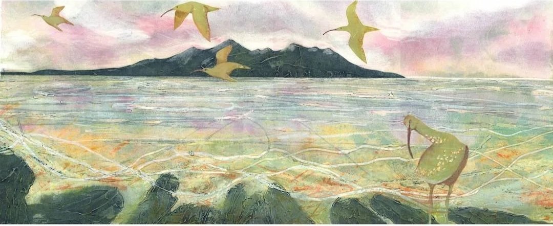 close-up detail of fine-art-print-carol-nunan-curlew-on-singing-sands - the view towards Rhum from Eigg in a pastel palette