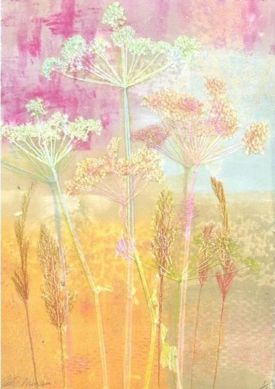 detail of fine-art-print-carol-nunan-woodland-lace - a monotype print in pastel colour palette featurung printed plants from the woods