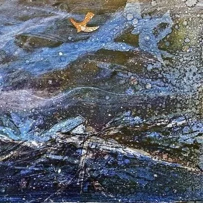 Top right detail - Stunning monotype seascape print of Goat Fell on Isle of Arran from Bute. Original Scottish west coast art featuring collage seabirds and dramatic winter mountain views.