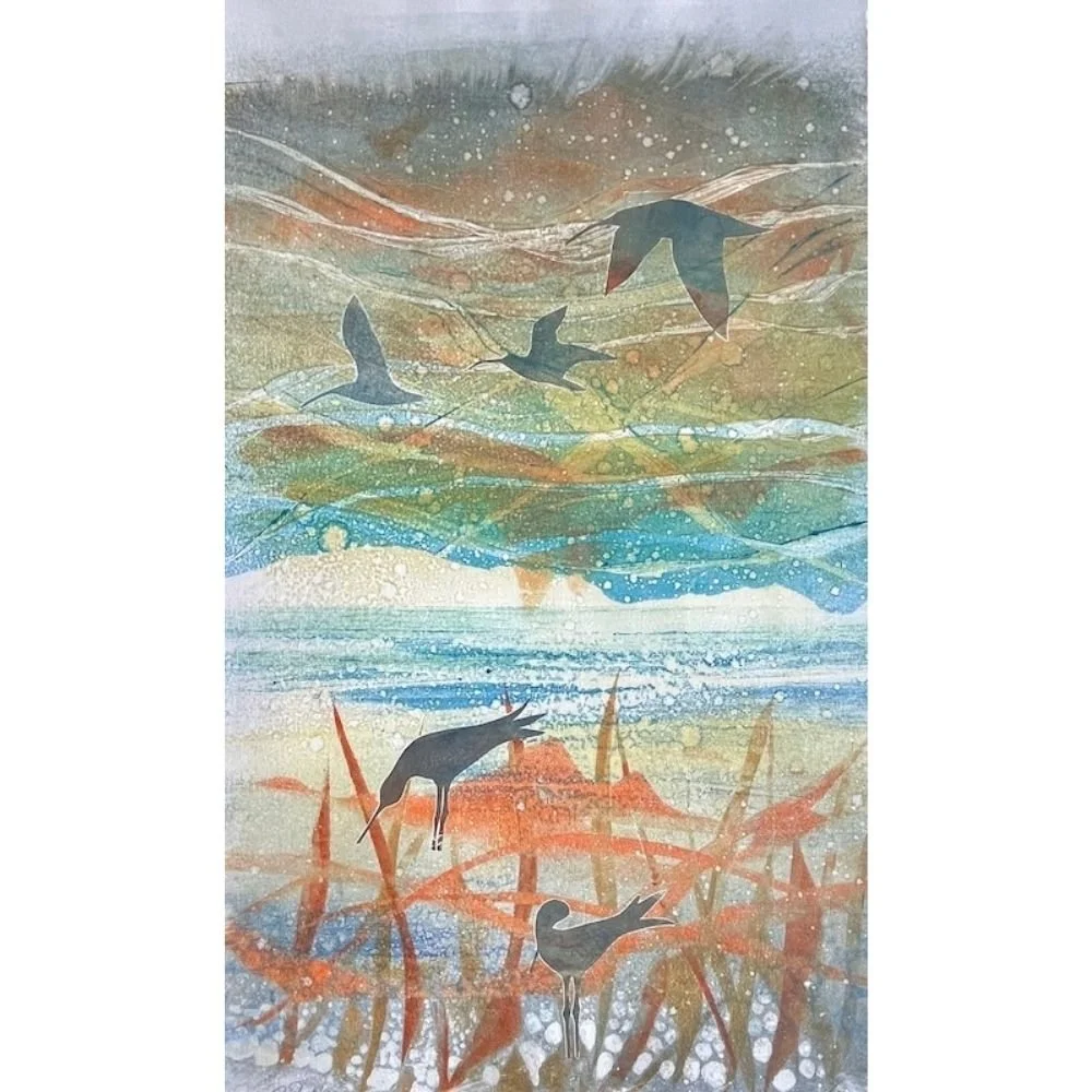 fine.art.monotype.print.of curlews at low tide on the beach