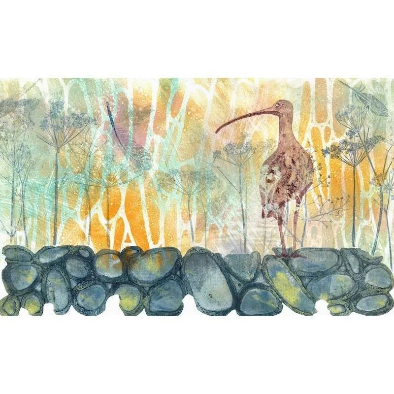 original-print-carol-nunan-curlew-on-the-edge-II with pebble patterns, natural grasses in monotype and collagraph (Copy)