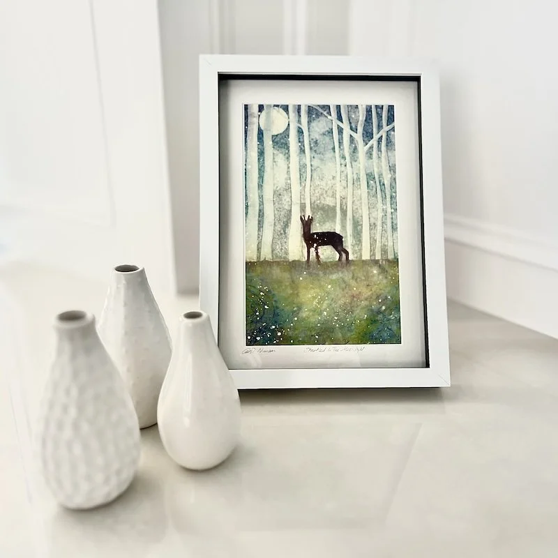 affordable-art-print-carol-nunan-startled-in-the-moonlight-a4 framed on a shelf.JPG