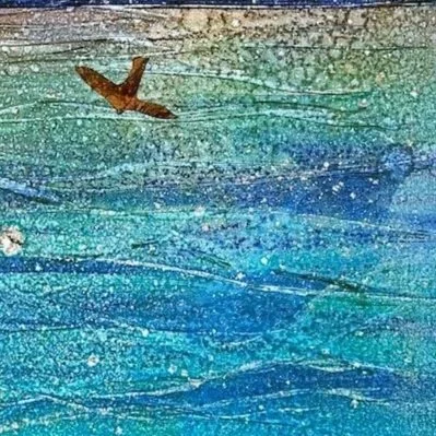 bottom right detail Stunning monotype seascape print of Goat Fell on Isle of Arran from Bute. Original Scottish west coast art featuring collage seabirds and dramatic winter mountain views.