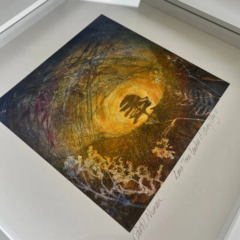 close up detail of cfine art affordable print in a white box frame of a monotype/collagraph based giclée print of the Sycamore Tree at Sycamore Gap on Hadrian's wall